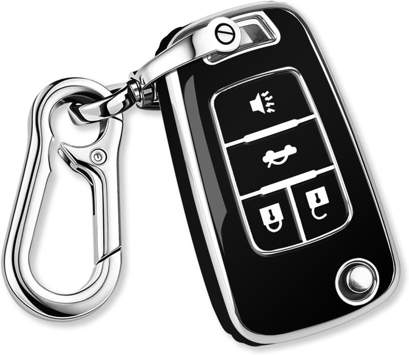 QBUC for Chevy Key Fob Cover With Keychain Chrome Trim Soft TPU Compatible with 2010-2019 Chevrolet Chevy Equinox Malibu Impala Cruze Sonic 4 Button(Chrome Trim Black) - Image 1